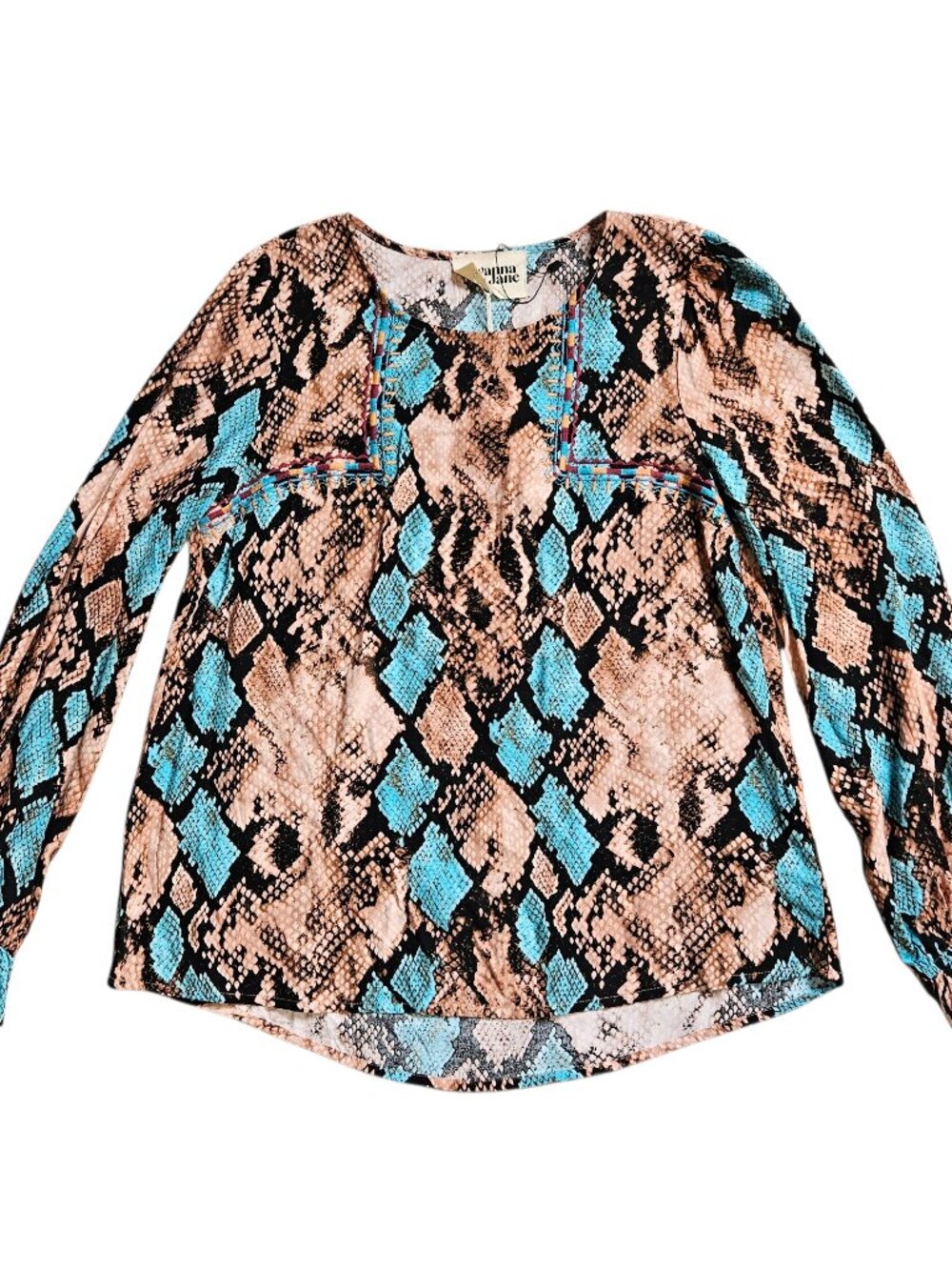 NWT Savanna Jane Embroidered Snake Print Womens Top Blouse Medium Boho Festival